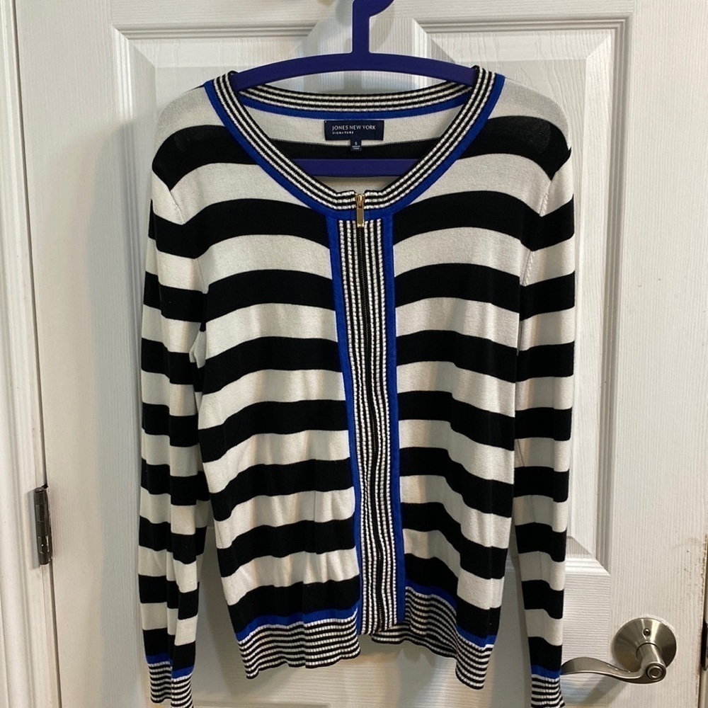 Jones New York Signature Striped Full Zip Sweater Cardigan Women’s Size Small